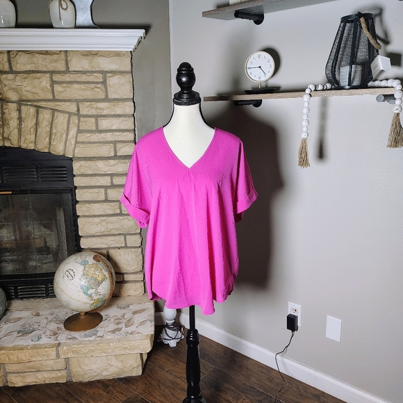 She + Sky Bright Pink V-Neck Blouse - Picture 2 of 4